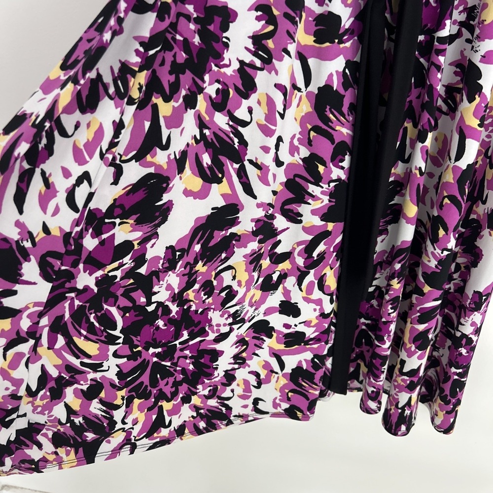 Dress Barn Sz 6 Short Sleeve Purple Black Floral Black Tie Back Flare Fun Dress - Picture 8 of 9